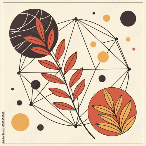 Minimalist illustration of a person walking and looking at a phone within an abstract geometric frame, using red, black, and yellow.
