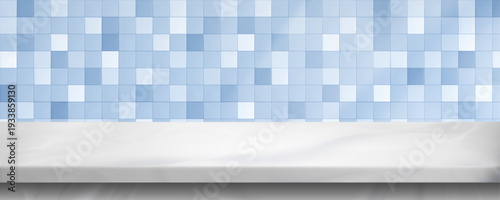 White bathroom shelf display with ceramic tile wall, realistic vector background. Modern 3D podium, stone platform for product presentation, blue mosaic, kitchen interior scene with clean surface