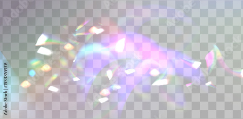 Radiant light flare with rainbow prism effects and crystal reflections on transparent background. Vector realistic brilliant sunlight beams, holographic glass textures with sparkling light overlay.