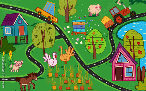 Funny village map for children game design. Vector cartoon illustration of kid hand drawn rural area with car and tractor driving road, cute farm animals, lake, fruit trees and vegetable garden