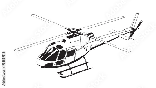 White helicopter with spinning rotor blades in flight against a clear blue sky, a compact rotorcraft in motion.