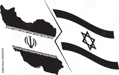 Silhouette of iran and israel flags isolated on transparent background
