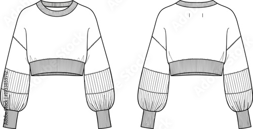Women Cropped Sweatshirt Technical Fashion Illustration with Ribbed Waistband and Cuffs, Puff Sleeves Design Front and Back View Apparel Template