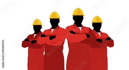 Four construction workers in red uniforms and yellow hard hats stand with arms crossed.