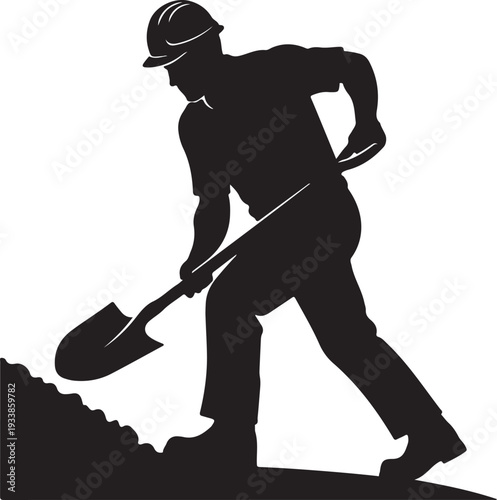 Silhouette of a worker digging on isolated on transparent background