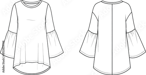 Women Flared Sleeve Tunic Dress Technical Fashion Illustration with Round Neck and High Low Hem Front and Back View