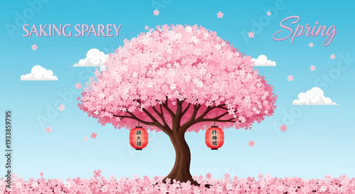 Sakura Cherry Blossom Tree Spring Lanterns Sky