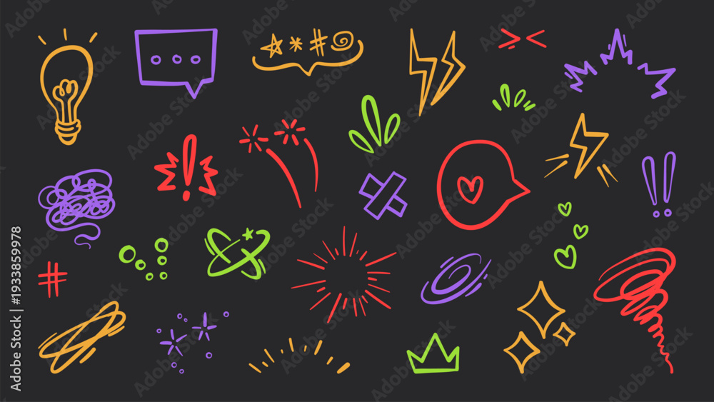 Obraz premium Comic effect emphasis symbols, vector line icons isolated on black. Speech bubble, sparkling stars, light bulb and dynamic motion rings, emotion hand drawn brush strokes, anime style graphic elements