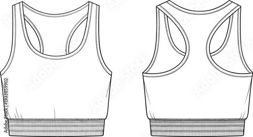 Women Racerback Sports Bra Technical Fashion Illustration with Elastic Hem Band and Scoop Neck Front and Back View Template
