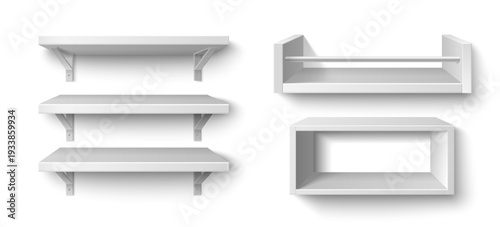 3D white wooden bookshelf realistic vector isolated on background. Empty timber rack for home library display with natural wood texture and modern square frame design.