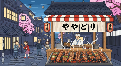 Japanese street food stall selling yakitori skewers at night