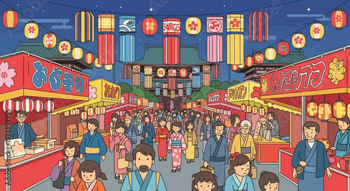Japanese Summer Festival Street Scene with Lanterns and Stalls