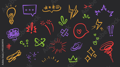 Comic effect emphasis symbols, vector line icons isolated on black. Speech bubble, sparkling stars, light bulb and dynamic motion rings, emotion hand drawn brush strokes, anime style graphic elements