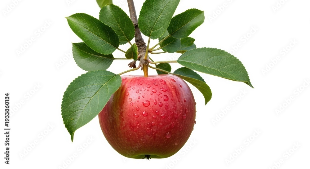 Obraz premium Fresh red apple hanging from a green leafy branch in natural sunlight