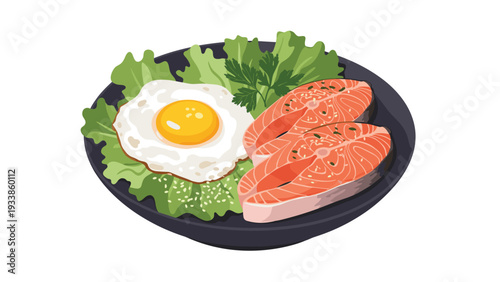 Protein-packed meal on a black plate featuring two cooked salmon steaks, a sunny-side-up egg, and fresh green lettuce on white background.