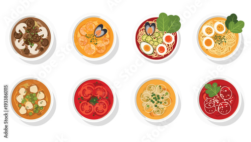 Assortment of eight delicious bowls of soup and ramen with various toppings like eggs, mushrooms, seafood, and vegetables on white.
