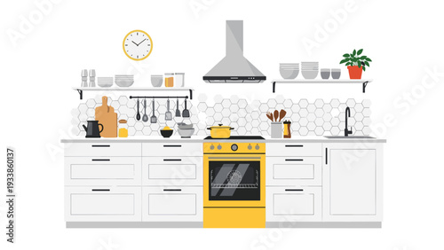 Well-organized modern kitchen design featuring a yellow stove, white cabinets, brick backsplash, and neatly arranged cookware items.