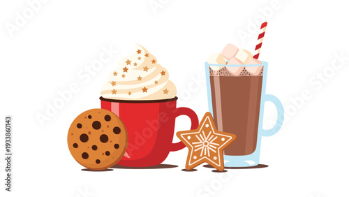 Cozy winter treat scene with a red mug of whipped cream coffee, a glass of hot chocolate, and festive gingerbread cookies on white background.