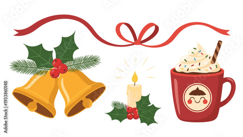 Festive holiday icons featuring gold bells with holly, a glowing candle, and a cute red mug of hot cocoa with whipped cream and toppings.