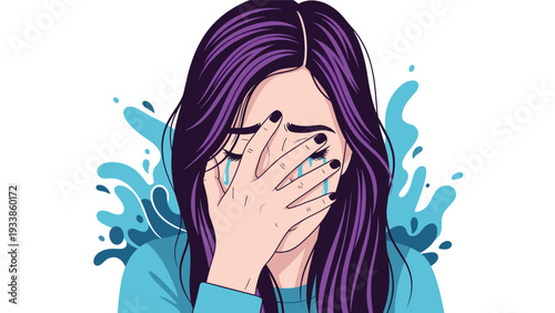 Depressed young woman with purple hair crying, covering her face with one hand, against a splash of blue in the background.