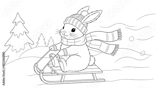 Winter-themed coloring page featuring a cute bunny wearing a hat and scarf while happily riding a sled down a snowy hill.
