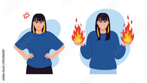 An angry young woman shown in two states: one with hands on hips and another holding balls of fire, expressing intense rage.