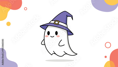 Adorable kawaii ghost character wearing a purple witch hat, floating happily on a background with colorful abstract shapes.
