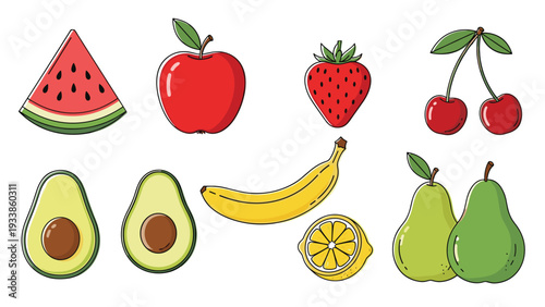 Diverse collection of colorful fruit icons including watermelon slice, apple, strawberry, cherries, avocado, banana, lemon, and pears.
