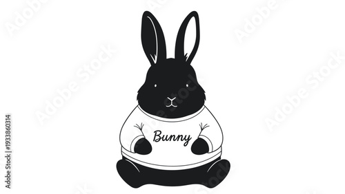 Simple black silhouette of a cute fluffy bunny sitting down, wearing a white t-shirt with the word 'Bunny' written on it.
