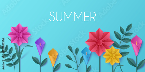 3D spring paper flower vector background. Blooming origami meadow with green grass, cheerful papercut border for seasonal designs, summer cute garden landscape, floral backdrop
