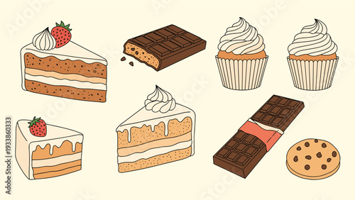 Collection of delicious dessert illustrations featuring chocolate cake slices, cupcakes with frosting, chocolate bars, and a cookie.