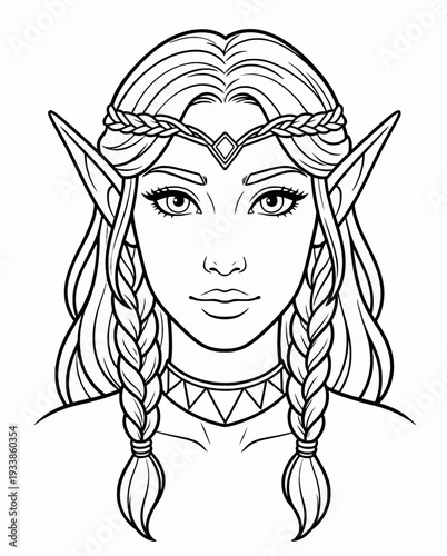 A fantasy female elf portrait with braided hair and crown, illustrated in black and white line art, viewed from the front.