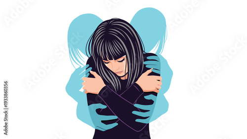 Grieving young woman hugging herself while being embraced by supportive shadow figures, symbolizing comfort and self-love.
