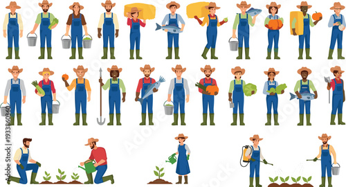 Farmers Collection with Agricultural Workers Holding Tools Vegetables and Equipment Rural Farming Vector Illustration Set