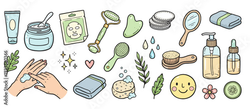 Spa day essentials and skincare routine with products and accessories on a clean background