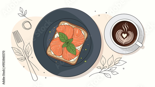 Healthy salmon and cream cheese toast with basil leaves served with a cup of coffee featuring latte art on a table.