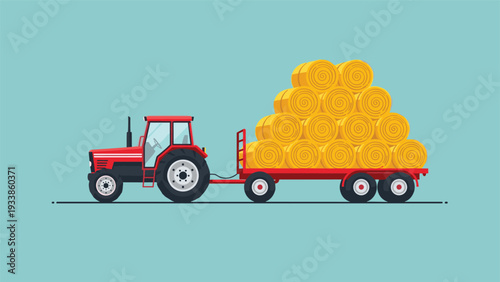 Industrial red tractor pulling a flatbed trailer filled with many large round golden hay bales against a blue sky.