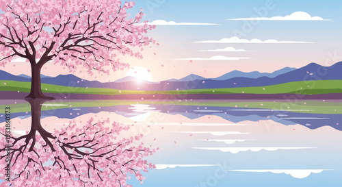 Serene Cherry Blossom Tree Reflection at Sunrise