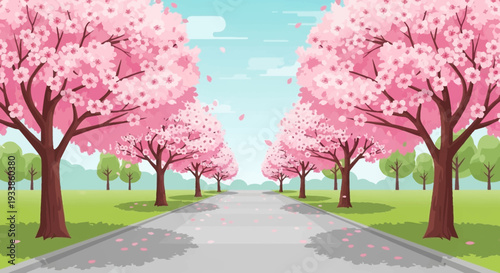 Spring Cherry Blossom Road with Falling Petals