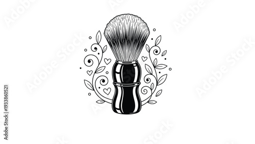 Artistic black and white line art illustration of a traditional shaving brush surrounded by decorative swirls and leaves.