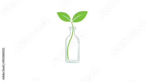 Simple minimalist illustration of a single green sprout with two leaves growing out of a clear glass bottle on white.