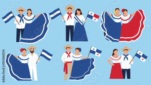 Set of six couples representing Honduras and Panama, dressed in traditional national costumes and holding their respective flags.