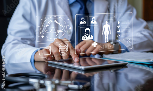 Obraz na plátne Doctor accessing electronic medical records via digital cloud healthcare platform for patient data management and security in professional hospital