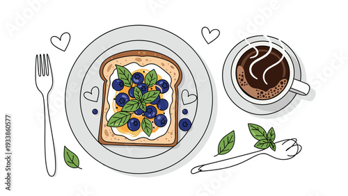 Delicious breakfast toast topped with blueberries and fresh mint leaves served with steaming cup of coffee and cutlery.