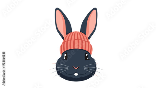 Simple and cute illustration of a black rabbit's head wearing a cozy pink knitted beanie hat, isolated on white background.