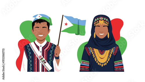 Smiling man and woman from Djibouti in traditional national attire, with the man proudly holding the country's waving flag.