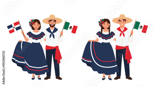 Set of two smiling couples representing the Dominican Republic and Mexico, wearing traditional clothes and holding national flags.