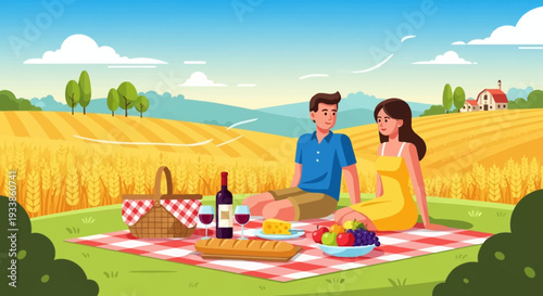 Couple enjoying a romantic picnic in a golden wheat field