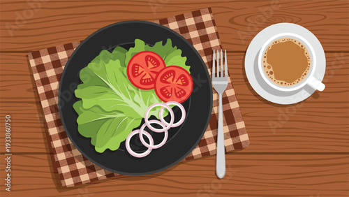 Healthy meal presentation of fresh lettuce, tomatoes, and onions on a black plate beside a cup of coffee on a wooden table.