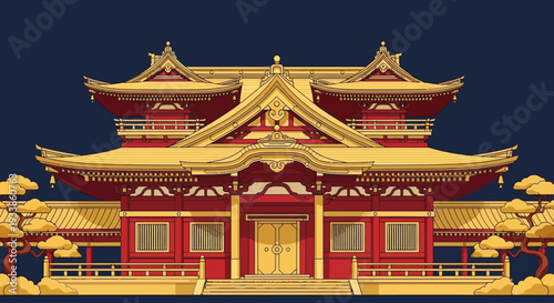 Golden Red Japanese Temple Building, Traditional Architecture